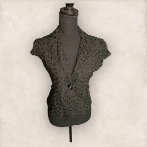 Vintage Y2K Black Blazer Blouse Vest Medium Eyelet Baddie Short Sleeve